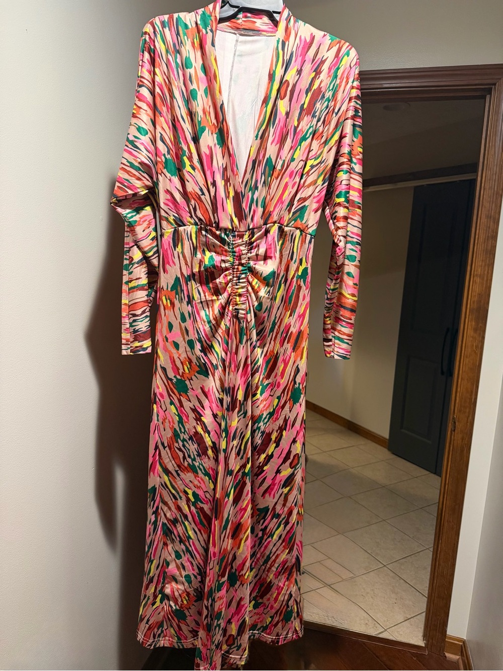 Pink Multi-Color V-Neck Ruched Waist Maxi Dress